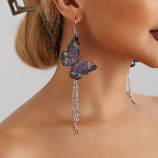 Orecchini pendenti lunghi viola minimalisti da donna con design geometrico a farfalla in acciaio inossidabile placcato titanio