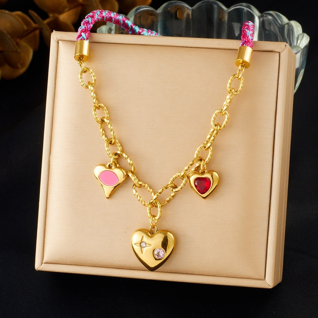 Sweet Streetwear Gradient Heart Rhinestone Gold Plated Stainless Steel Hand-woven Rope Chain Necklace for Women