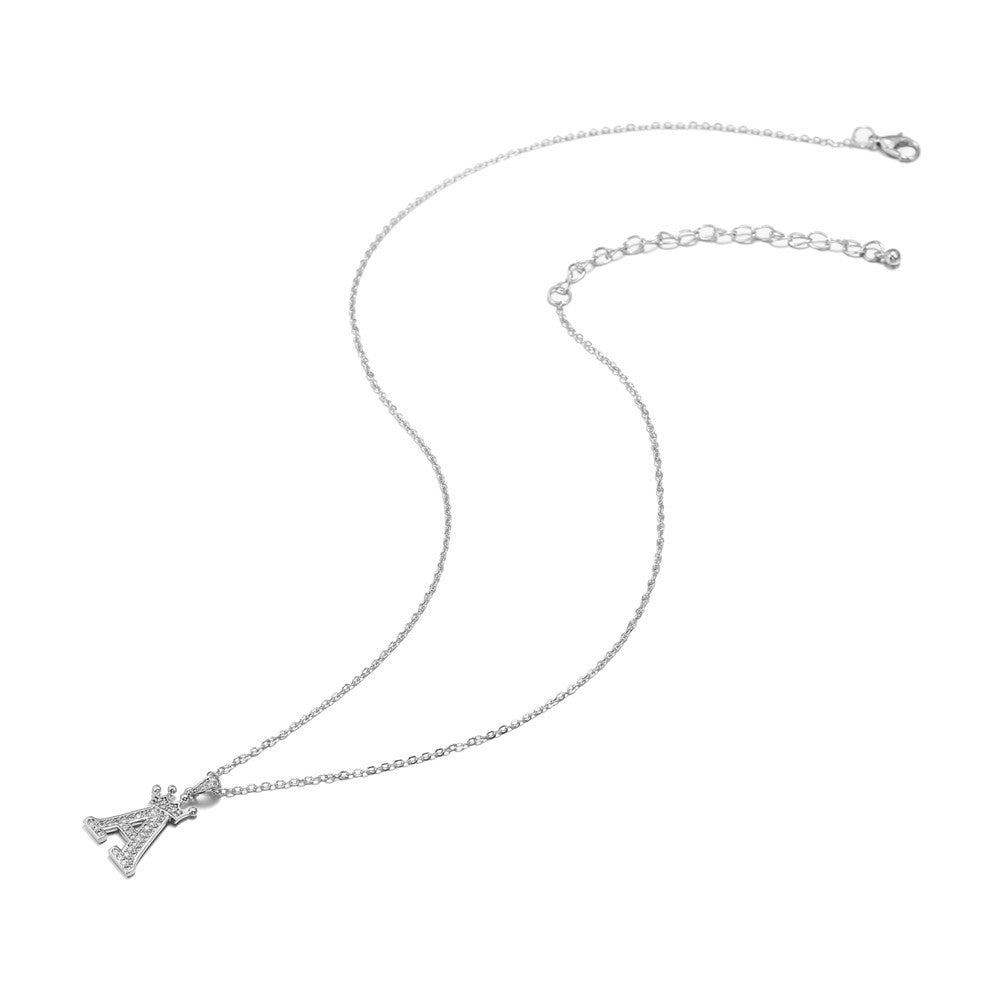 Minimalist White Gold Plated Crown Letter Pendant Necklace with Micro-Pave Cubic Zirconia for Women