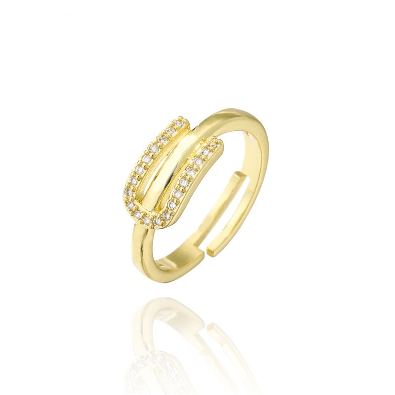 Fashion 18K Gold Plated Brass Micro-inlay Letter Ring Adjustable Open Band for Women