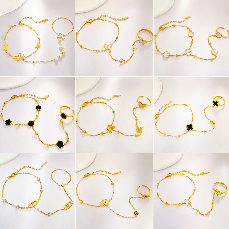 Matte Gold Plated Titanium Steel Butterfly Bead Hand Chain Ring