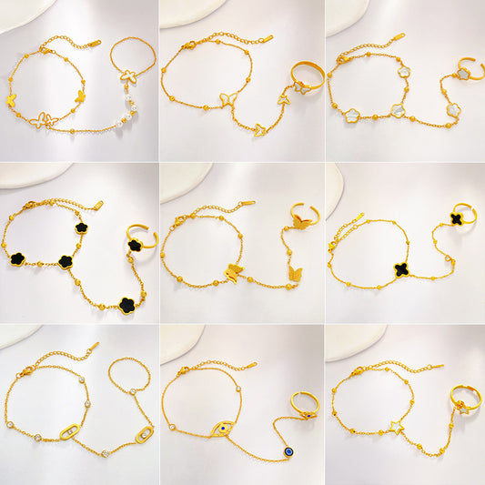 Matte Gold Plated Titanium Steel Butterfly Bead Hand Chain Ring