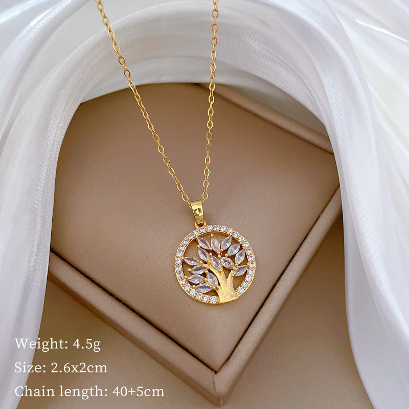 Collana con ciondolo Albero della Vita geometrico in acciaio al titanio di lusso da donna con intarsio in strass e catena in acciaio inossidabile