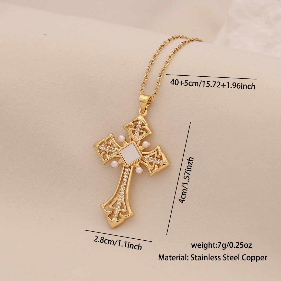 Collana personalizzata con croce in acciaio inossidabile, ciondolo in rame e perla finta