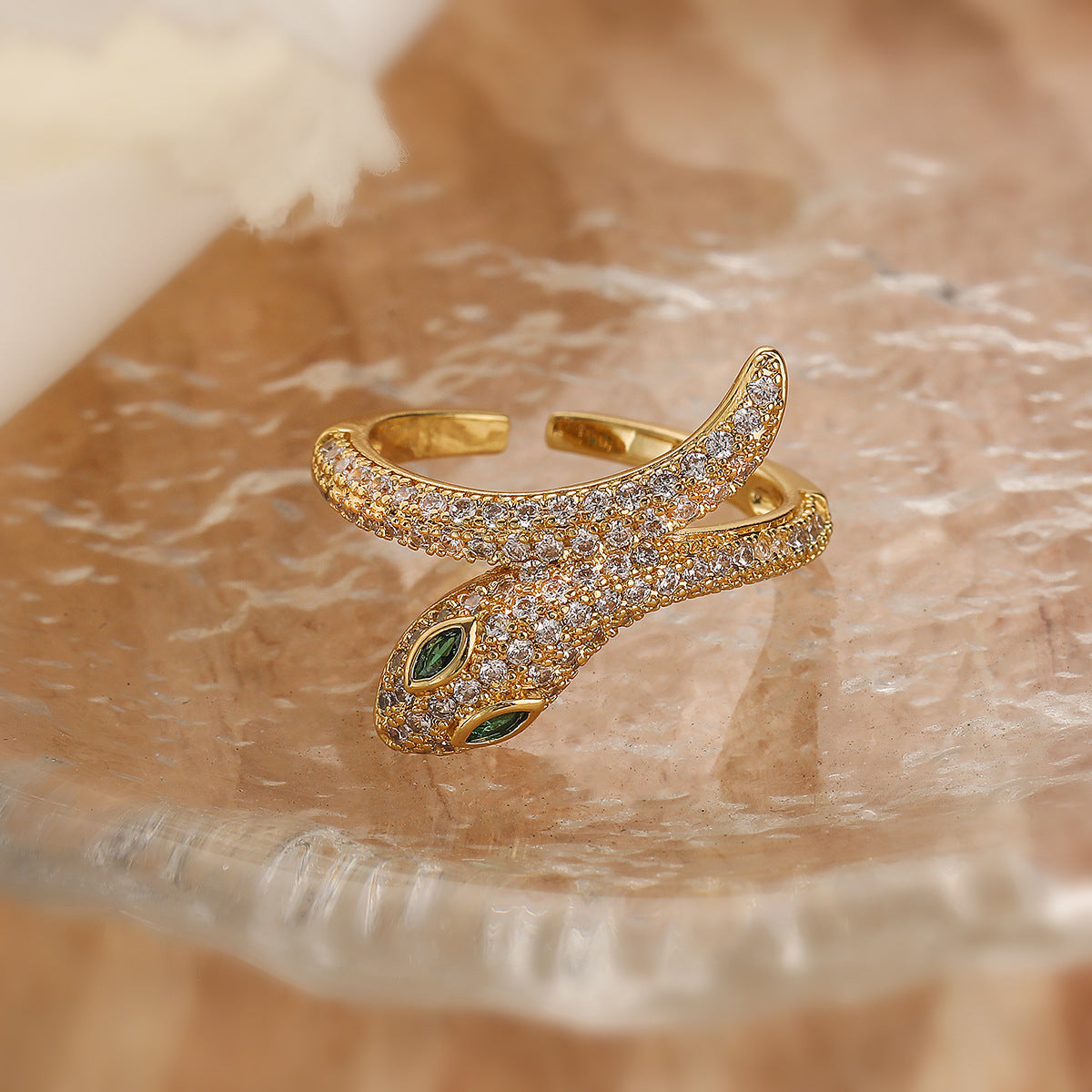 Minimalist Geometric Snake-Shaped Copper Ring with Real Gold Plating and Zircon Inlay for Women