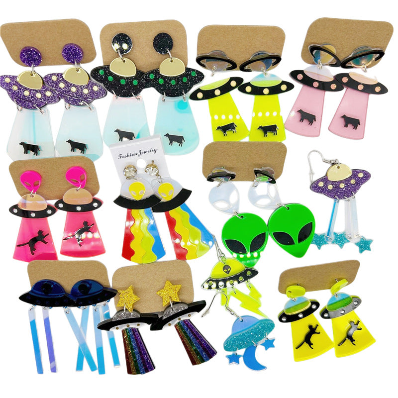Pendientes de platillo volador alienígena OVNI con luna, estrella, vaca, gato y arco iris de acrílico extragrande para mujer con detalle cortado a láser
