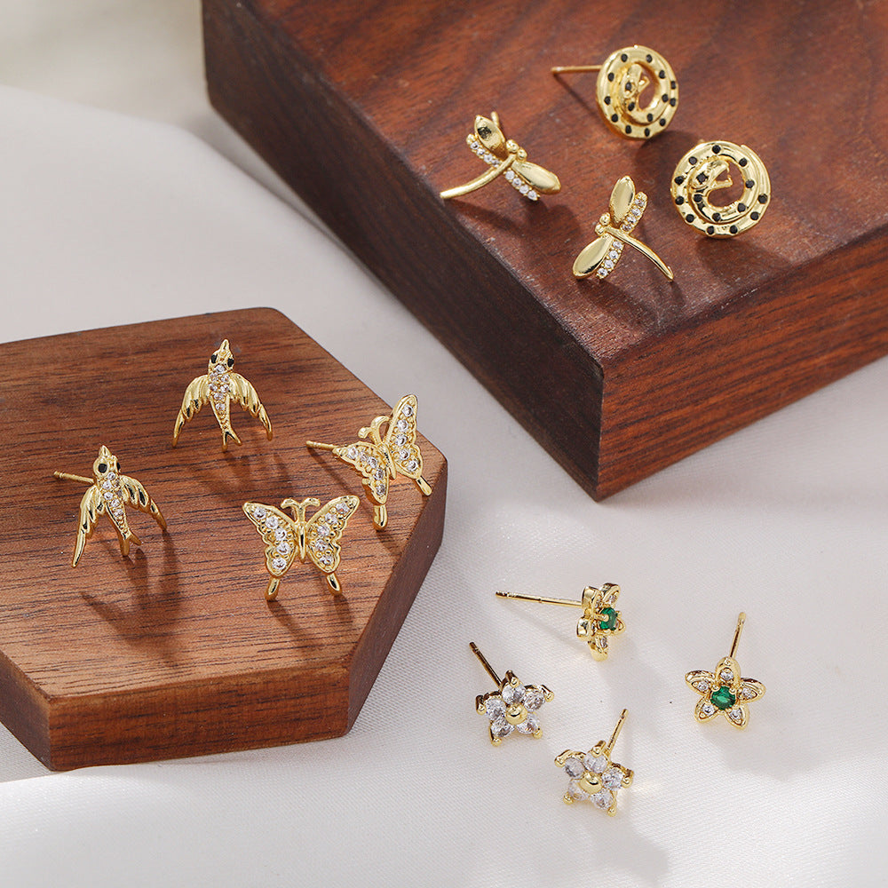 Gold Plated Brass Cubic Zirconia Butterfly Hand Bird Heart Stud Earrings