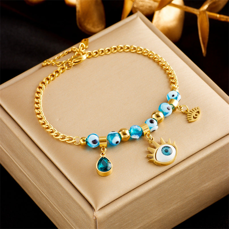 Minimalist Fashionable Stainless Steel Electroplated Round Pendant Bracelet with Rhinestone Accents Butterfly and Eye Motifs for Women