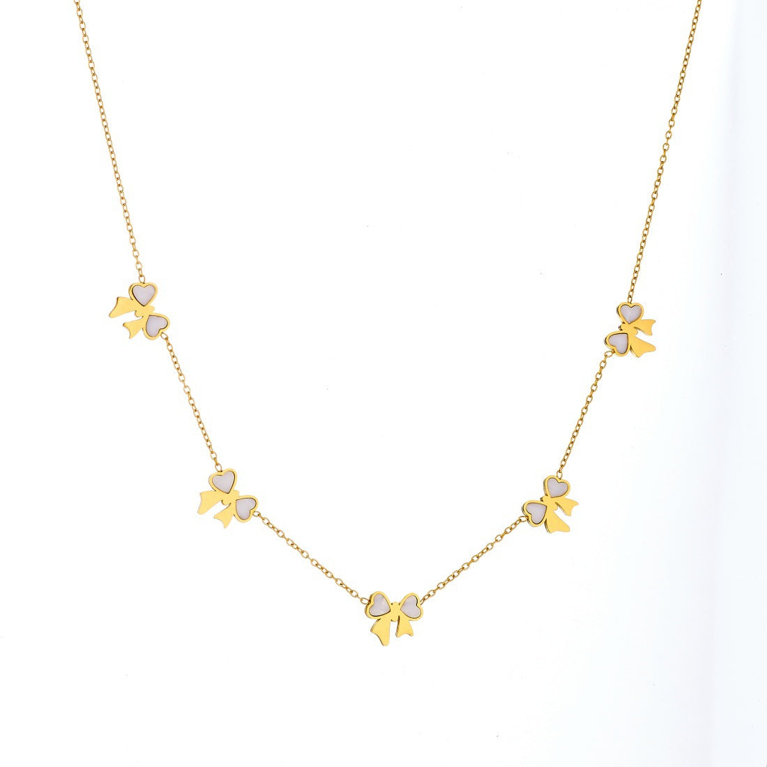 Fashion Gold Plated Stainless Steel Bow Pendant Necklace Earring Bracelet Set for Women