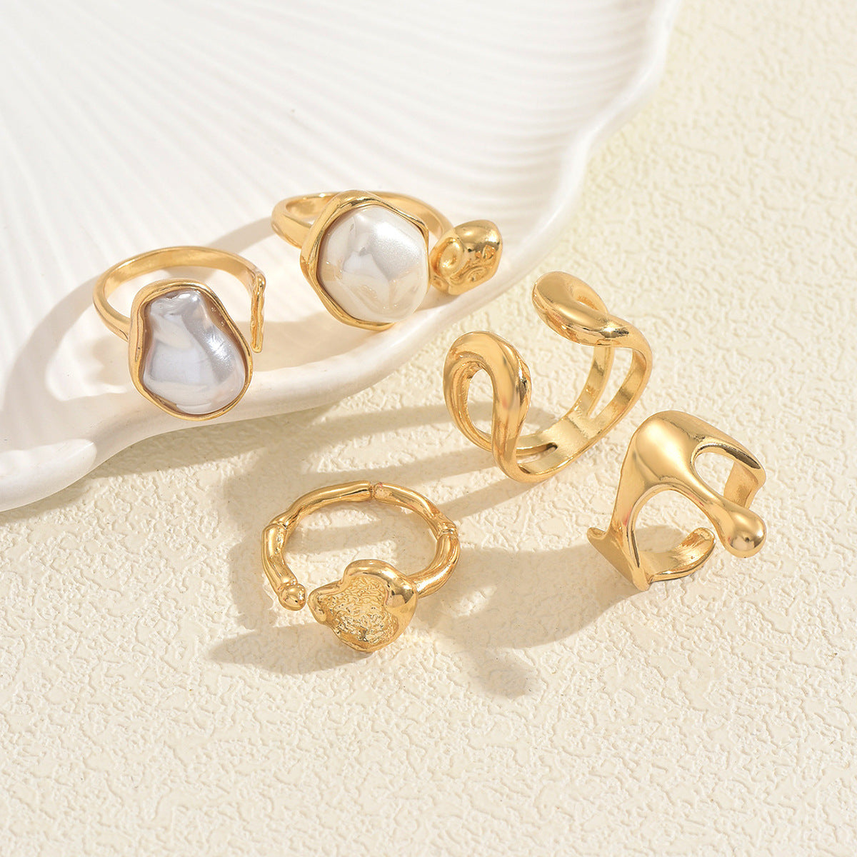 Set di anelli aperti da donna in lega di zinco con intarsi di perle, design geometrico minimalista a "U" e circolare