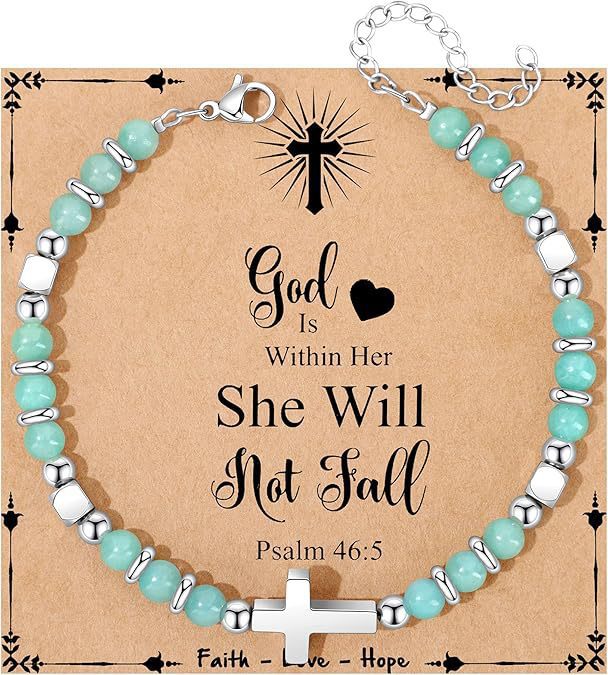 Sweet Geometric Cross Stainless Steel Bracelet with 4mm Amethyst and Amazonite Beads Unisex