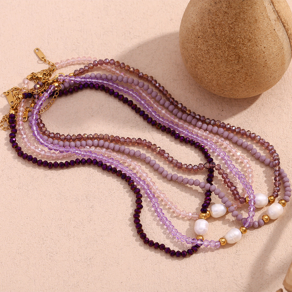 Collana con Pendente Geometrico Minimalista in Acciaio Inossidabile con Perla d'Acqua Dolce e Perle di Cristallo Viola da Donna