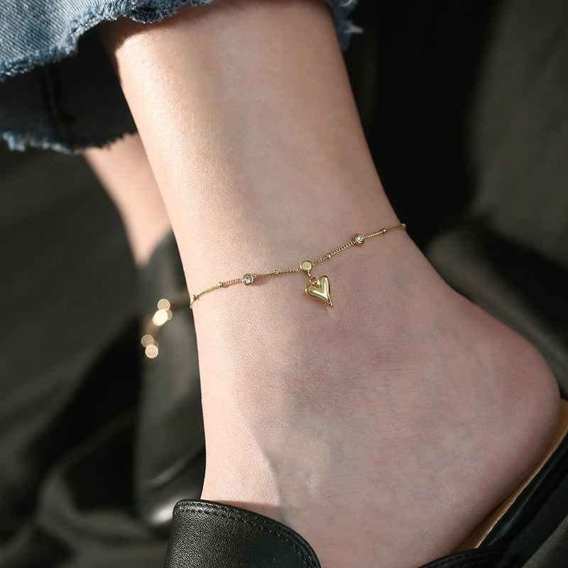 18K Gold Plated Heart Shape Titanium Steel Anklet with Crystal Zircon for Women
