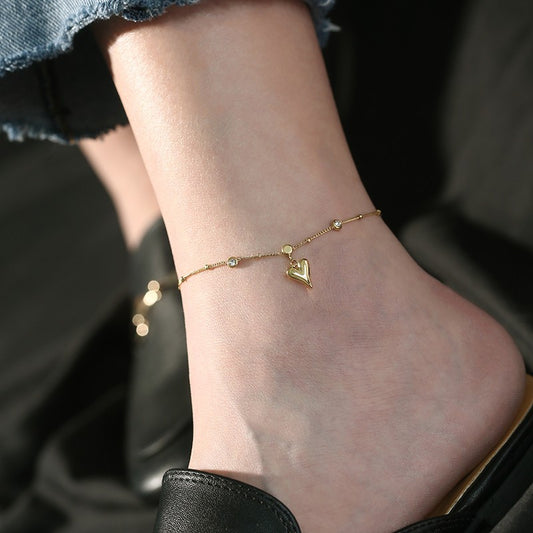 18K Gold Plated Heart Shape Titanium Steel Anklet with Crystal Zircon for Women