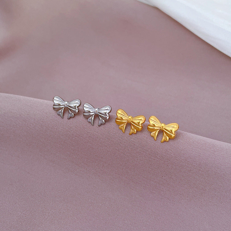 Minimalist Bowknot-Shaped Titanium Steel Stud Earrings with Plated Finish for Women