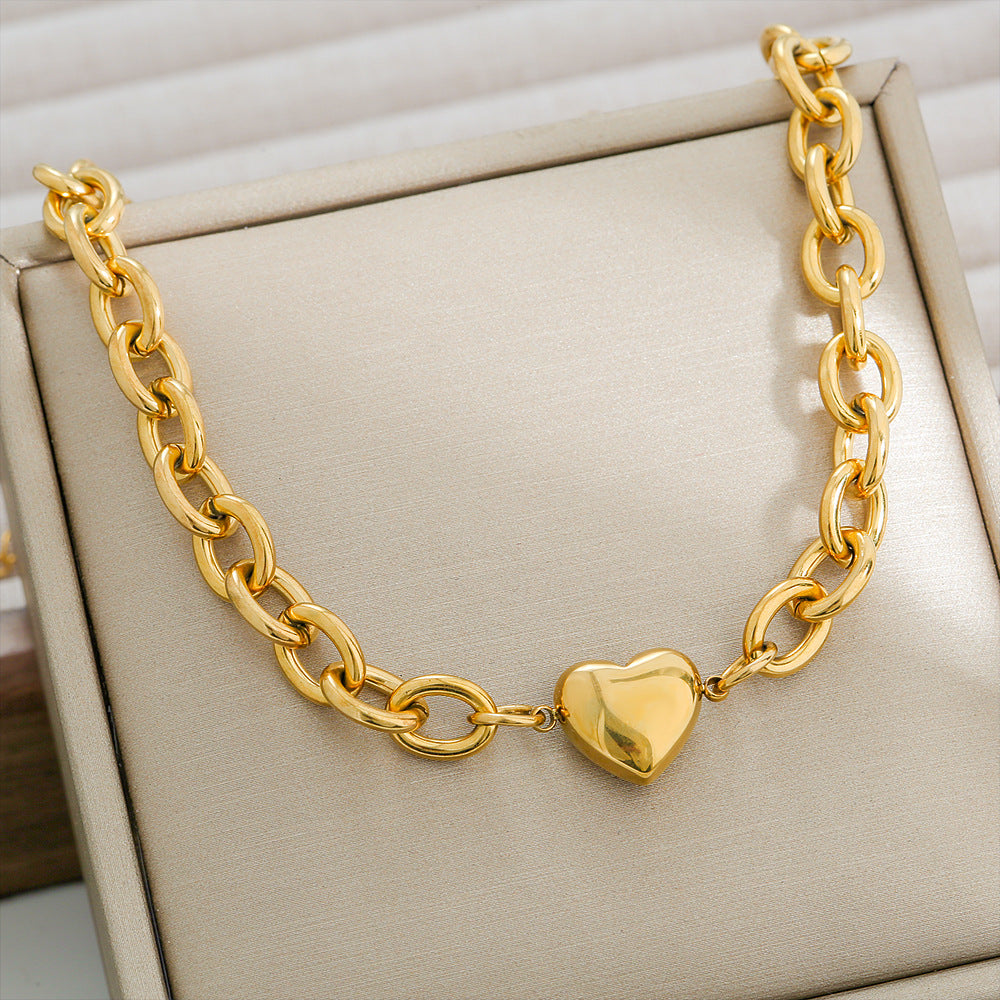 Minimalist Heart-Shaped Titanium Steel Bracelet with Plated O-Link Chain for Women