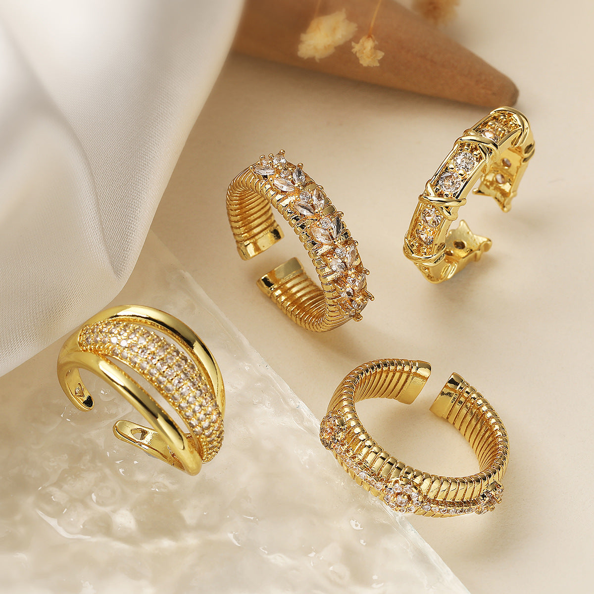 Geometric Open Ring for Women with Copper Base Plated in 18K Gold and Micro-Paved Zirconia, Fashion-Forward Minimalist Design