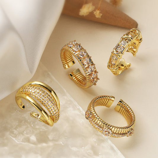 Geometric Open Ring for Women with Copper Base Plated in 18K Gold and Micro-Paved Zirconia, Fashion-Forward Minimalist Design