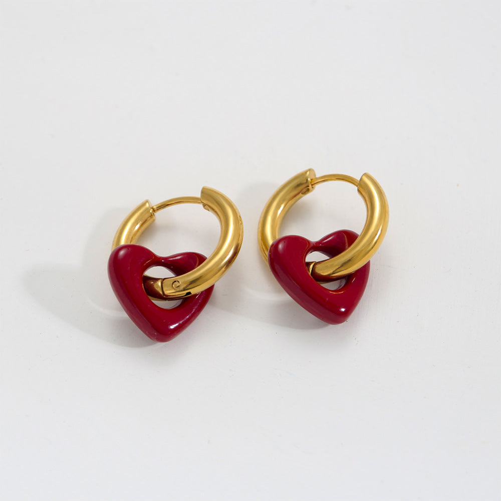 Orecchini a Cuore Minimalisti in Acciaio Inossidabile Stile Francese, con Smalto Dipinto a Mano e Placcatura in Oro 18K da Donna
