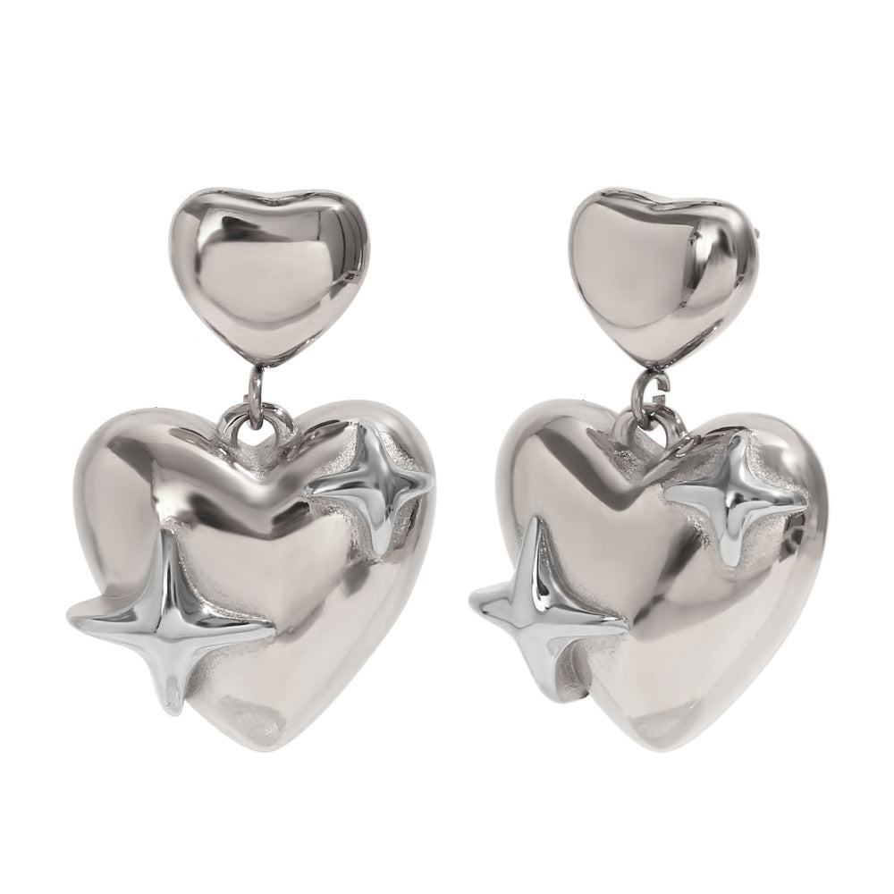 Fashionable Minimalist Star and Heart Shape Stainless Steel Earrings with 18K Gold Plating for Women