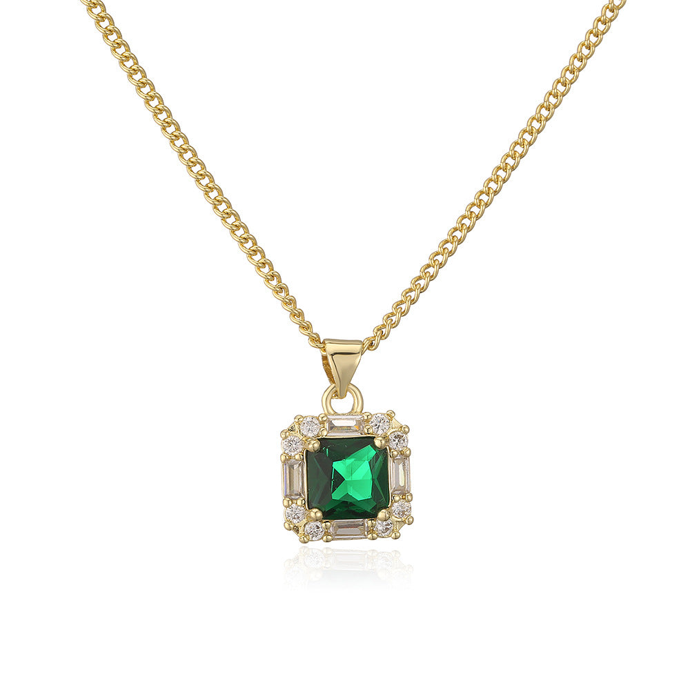 Collana con ciondolo quadrato geometrico vintage da donna in rame placcato oro 18 carati e zirconi incastonati