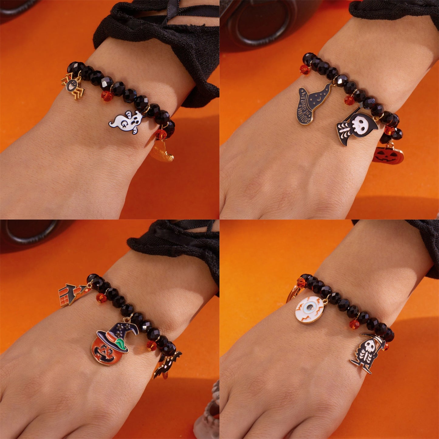 Bracciale con perline a tema Halloween con ciondoli a forma di zucca e fantasma, gioielli fatti a mano in lega con forme geometriche e cristalli per donna