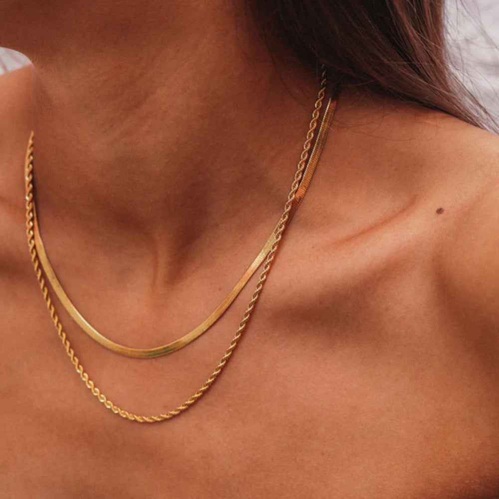 Minimalist 18K Gold Plated Double Layer Blade Snake Chain Necklace Geometric Stainless Steel Jewelry for Women