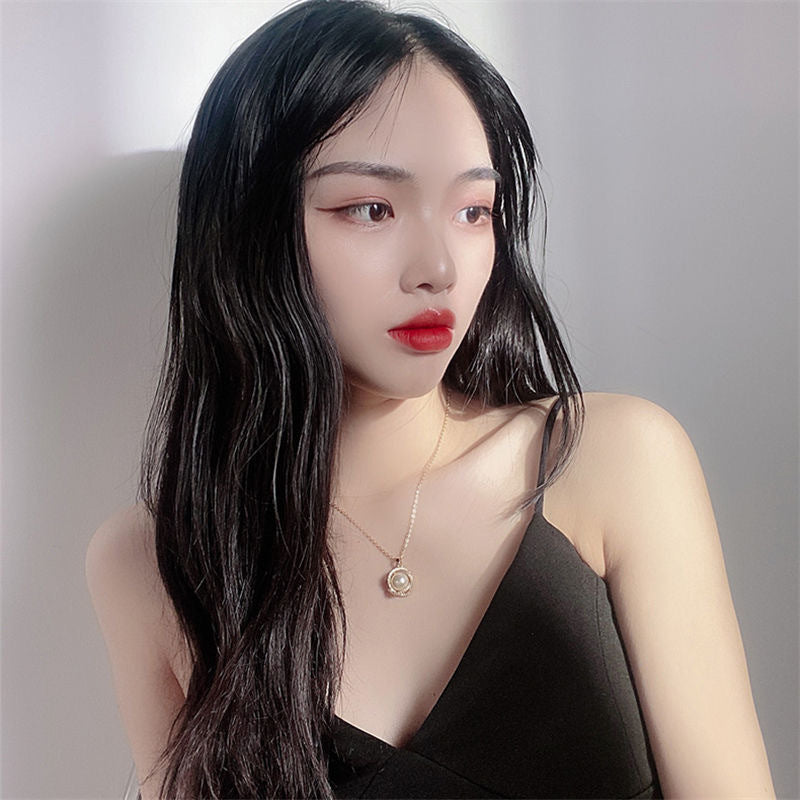 Luxury Minimalist Geometric Pearl Pendant Necklace for Women in Titanium Steel with Copper Inlay and Rhinestone Accents on O-Chain