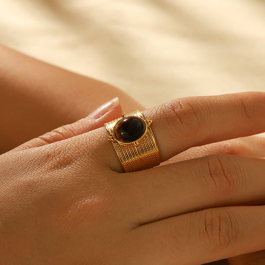 Vintage French Style Titanium Steel Wide Band Ring for Women with Natural Tiger Eye Inlay and 18K Gold Plating