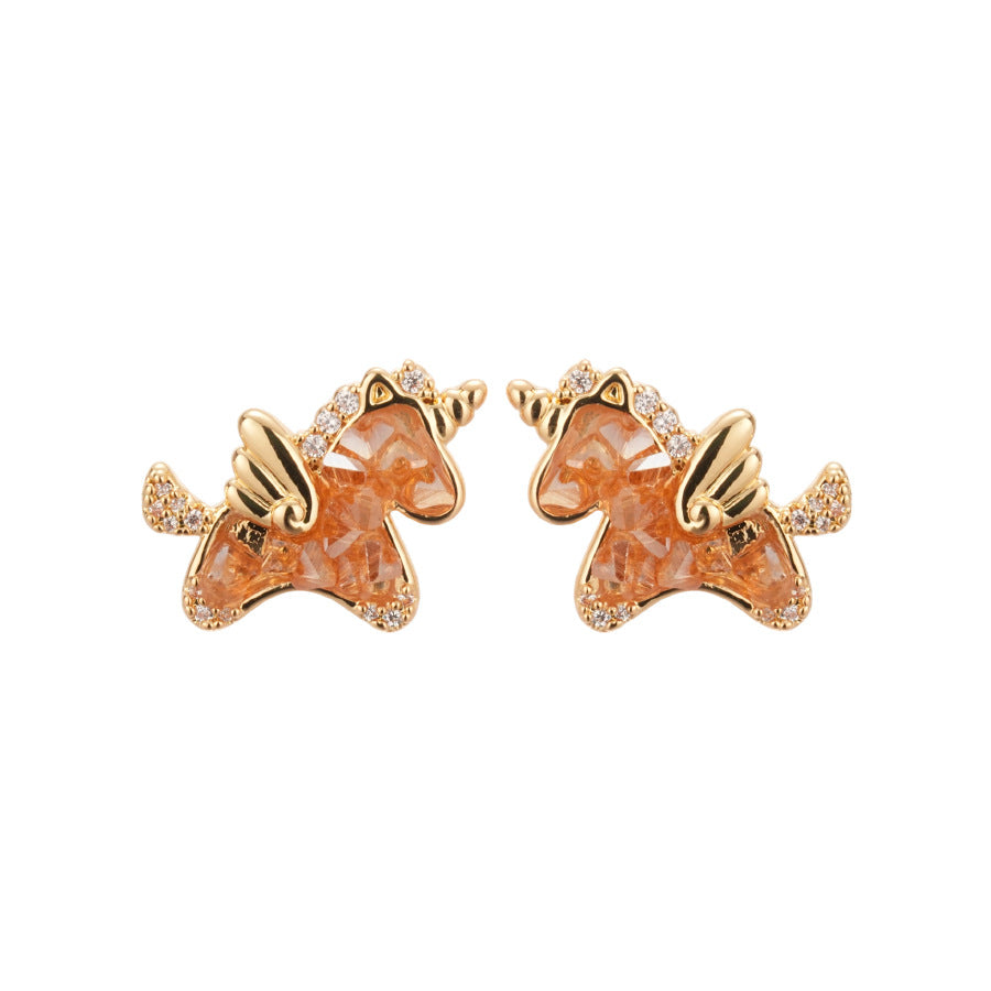 Orecchini a perno di lusso a forma di cavallo in Argento 925 Placcato Oro 18K con Zirconia Cubica e Cristallo