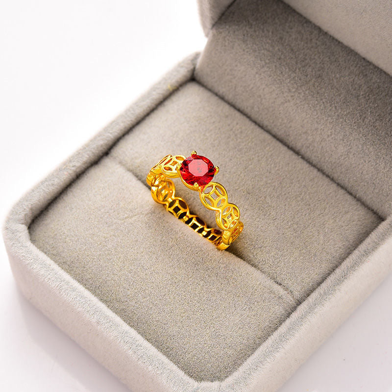 Minimalist Geometric Copper Coin Ring with Rhinestone Inlay and Gold Plating Adjustable Open Band for Women
