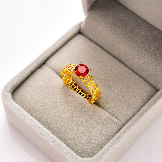 Anello a fascia aperta regolabile in rame geometrico minimalista con intarsio di strass e placcatura in oro per donna