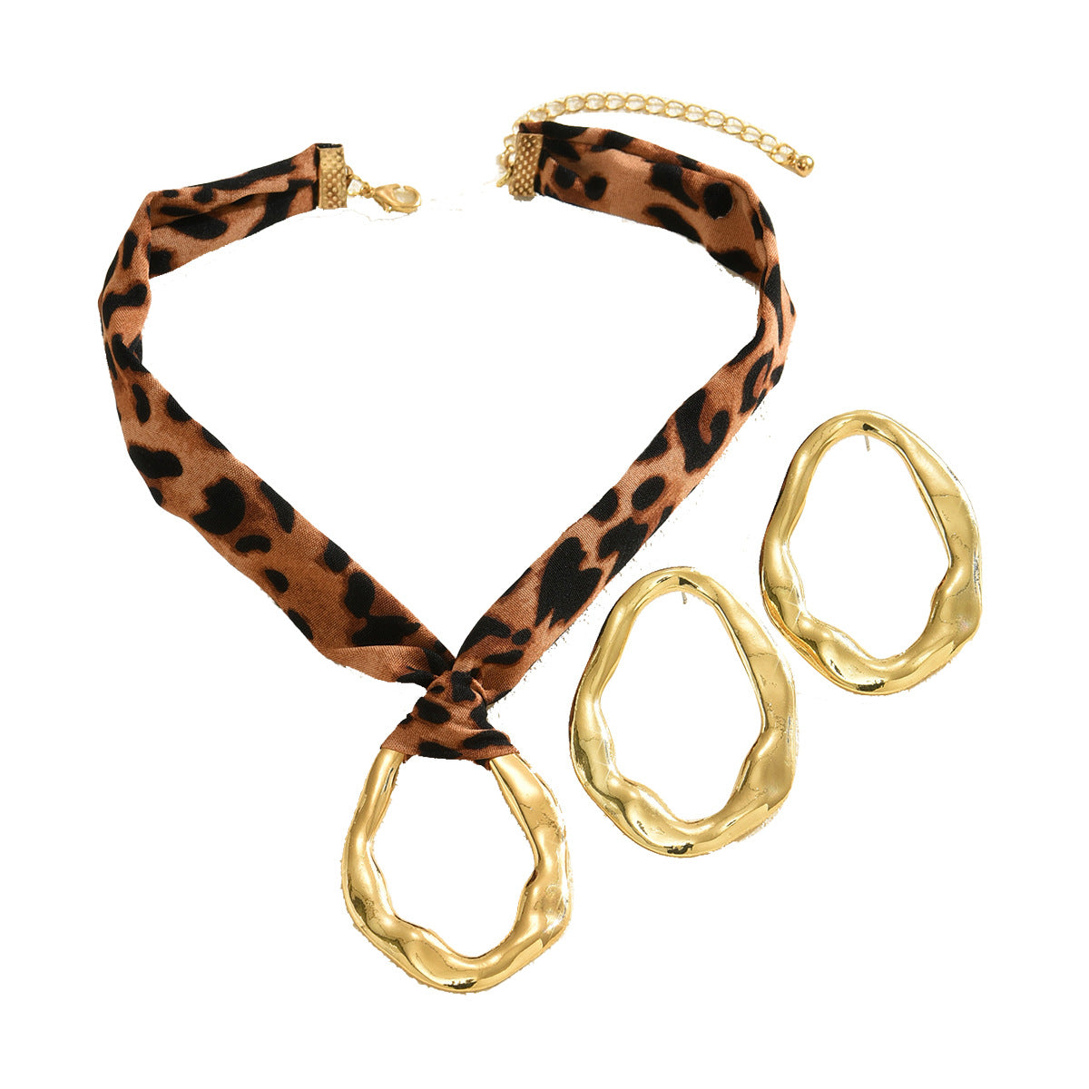 Conjunto de collar y pendientes con colgante de estampado de leopardo geométrico de aleación de zinc con acabado galvanizado para mujer