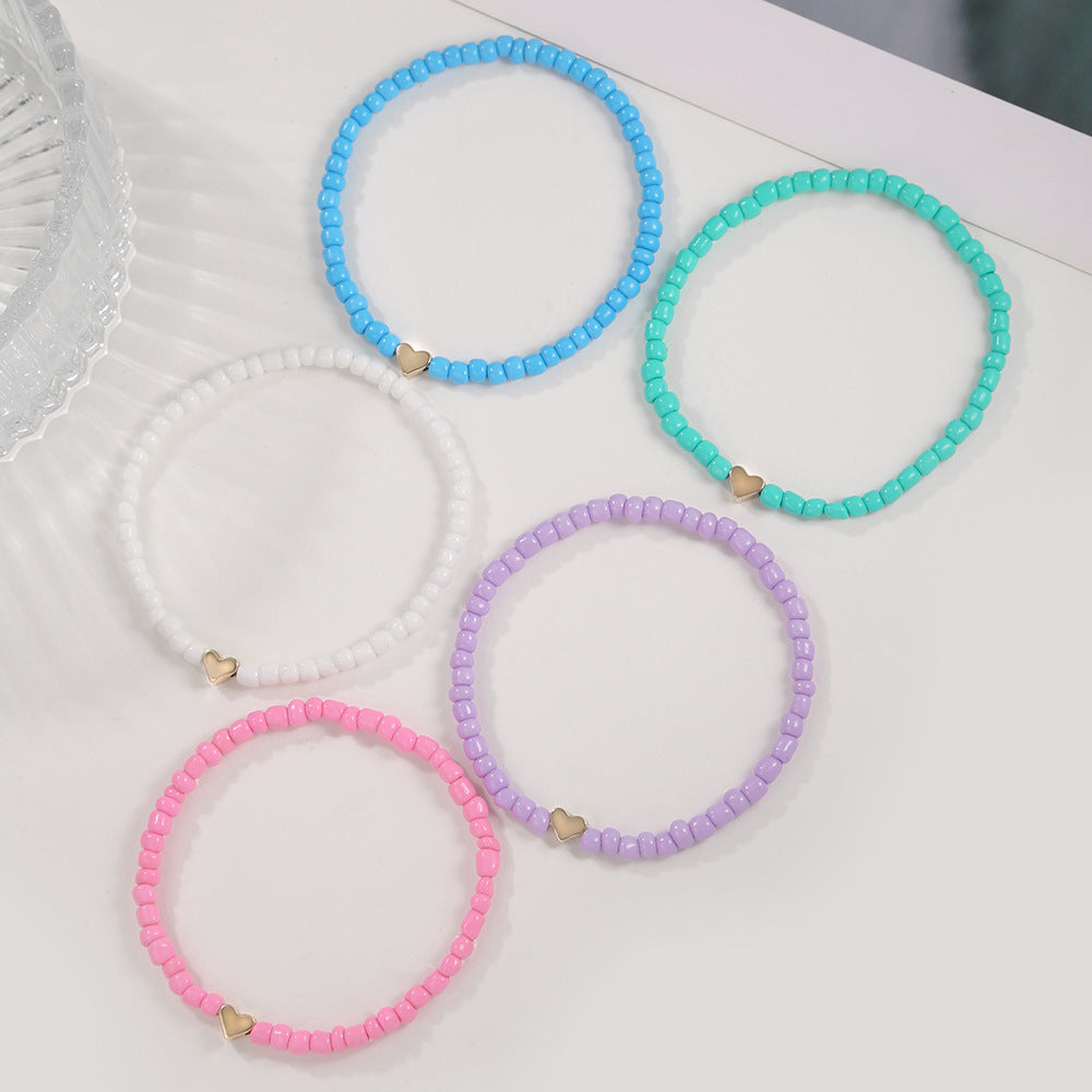 Bohemian Minimalist Handmade Glass Bead Heart Bracelet Set
