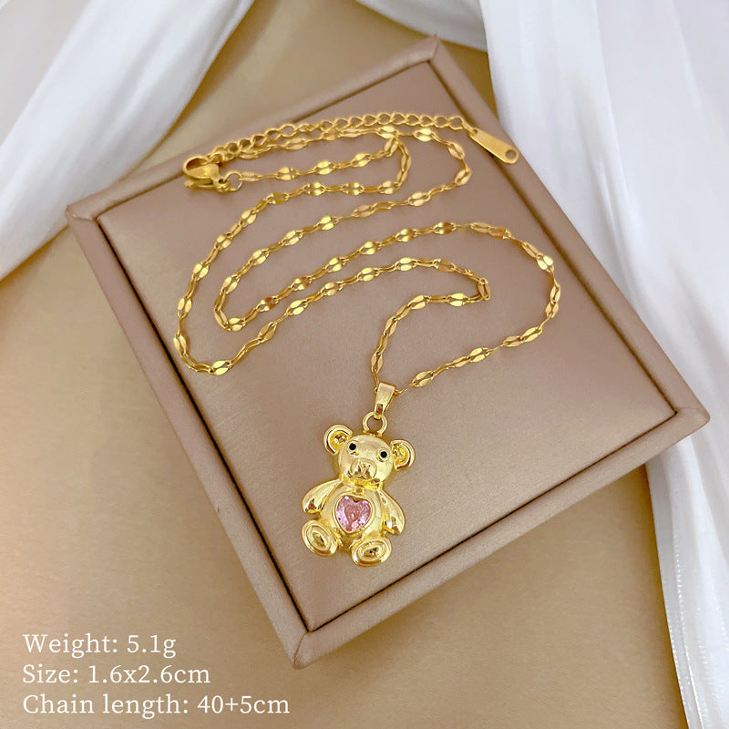 Sweet Minimalist Bear-Shaped Titanium Steel Necklace with Rhinestone Inlay for Women, Adjustable Locket Chain
