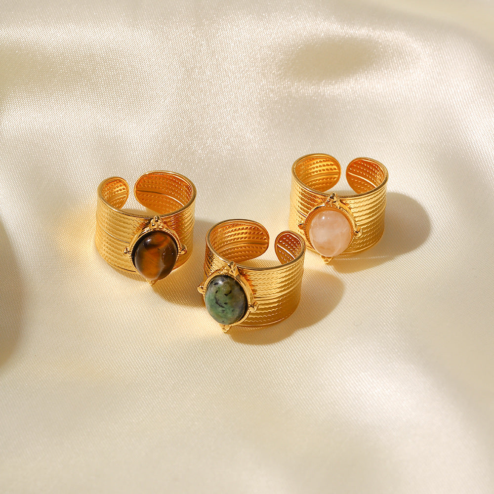 Anello da donna con intarsio in pietra, design geometrico irregolare, in acciaio inossidabile placcato oro 18K, stile vintage francese
