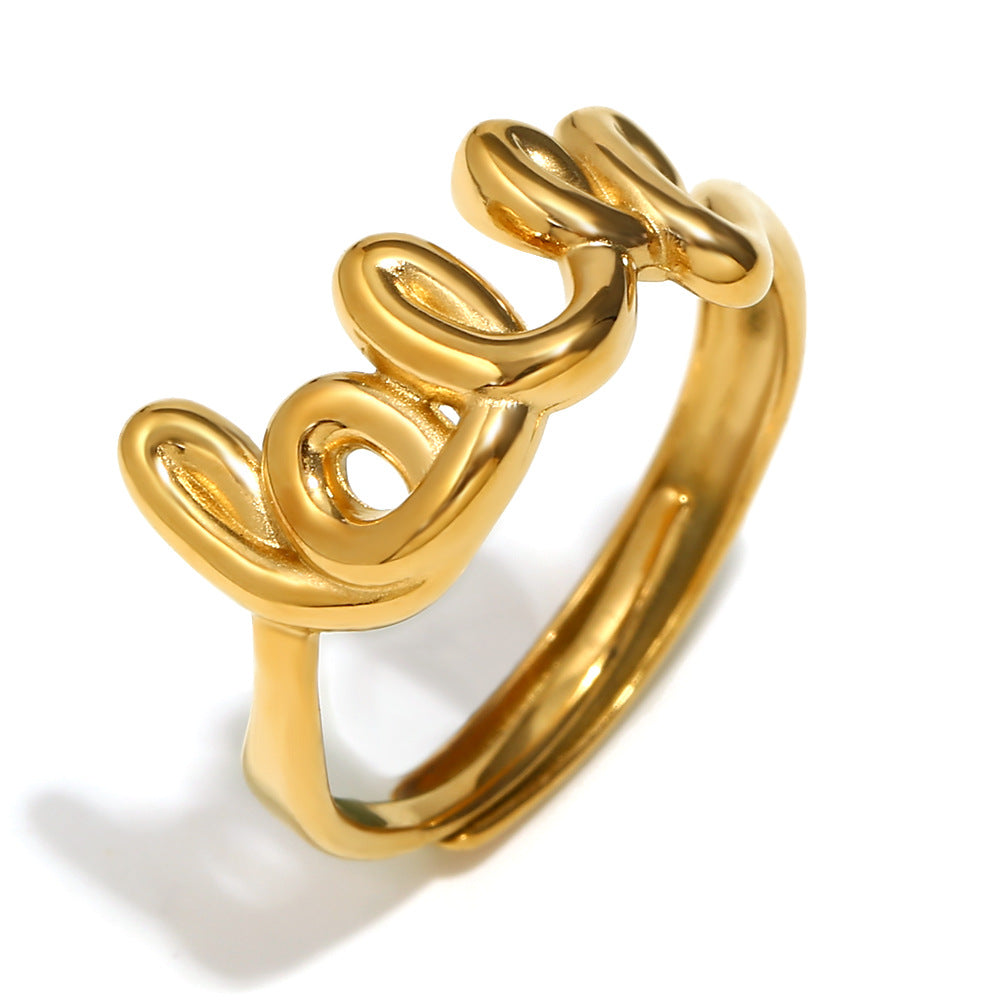 Anello apribile "LOVE" minimalista e alla moda per donna, in acciaio inossidabile placcato oro 18 carati