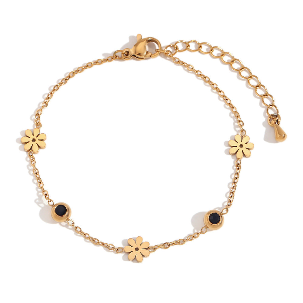 Bracciale a Fiore con Strass Bianchi e Neri a Doppia Faccia, Placcato Oro 18K, in Acciaio Inossidabile, per Donna, Stile Minimalista e di Tendenza