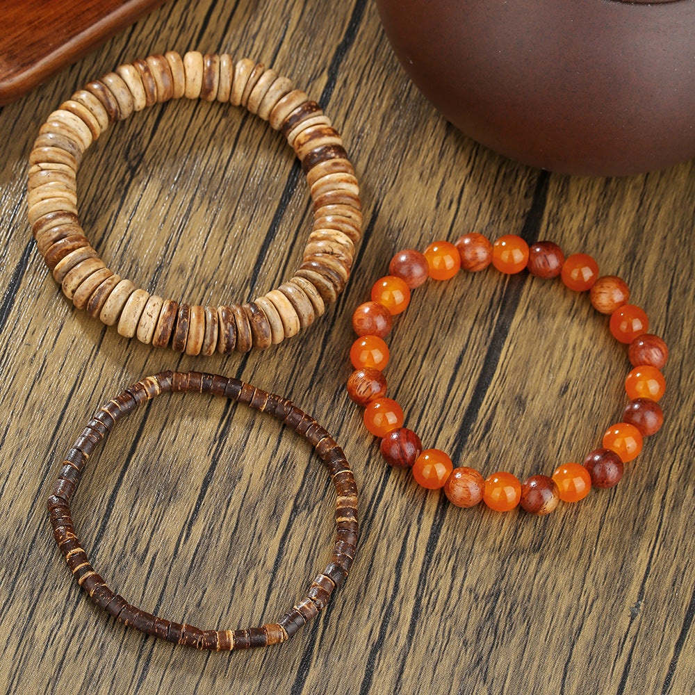 Vintage Round Wood and Agate Beaded Bracelet for Men and Women