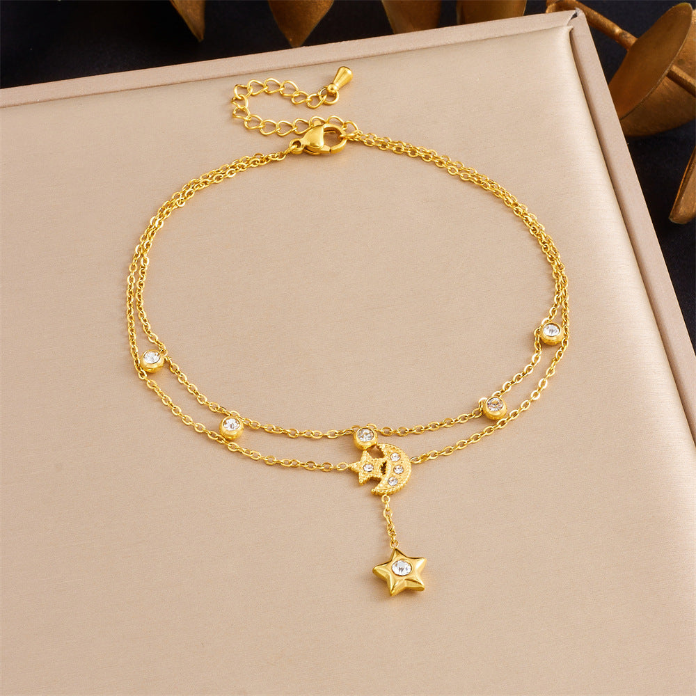 Minimalist Stainless Steel Star Moon Rhinestone Tassel Anklet for Women
