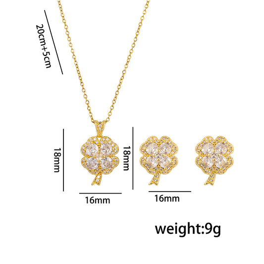 Elegant Four-Leaf Clover Stud Earrings and Necklace Set in Titanium Steel with Rhinestone Inlay Minimalist Luxe Fashion Jewelry for Women