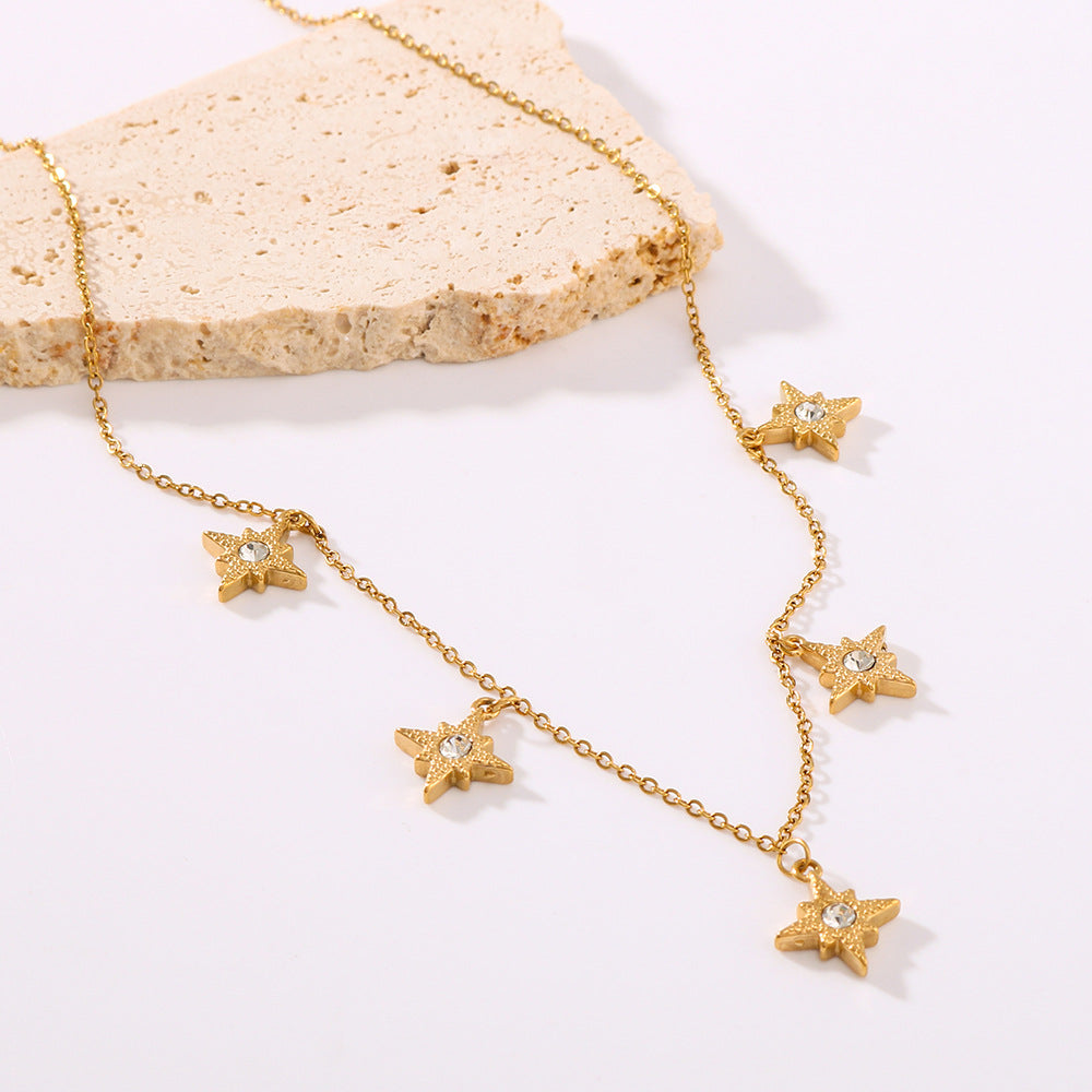Elegant Geometric Eight-Pointed Star Rhinestone Pendant Necklace in Stainless Steel with 18K Gold Plating for Women