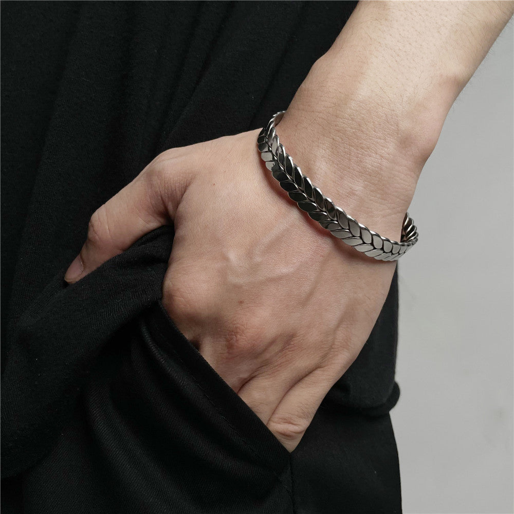 Minimalist Geometric Gold Plated Titanium Steel Wheat Open Cuff Bracelet for Women