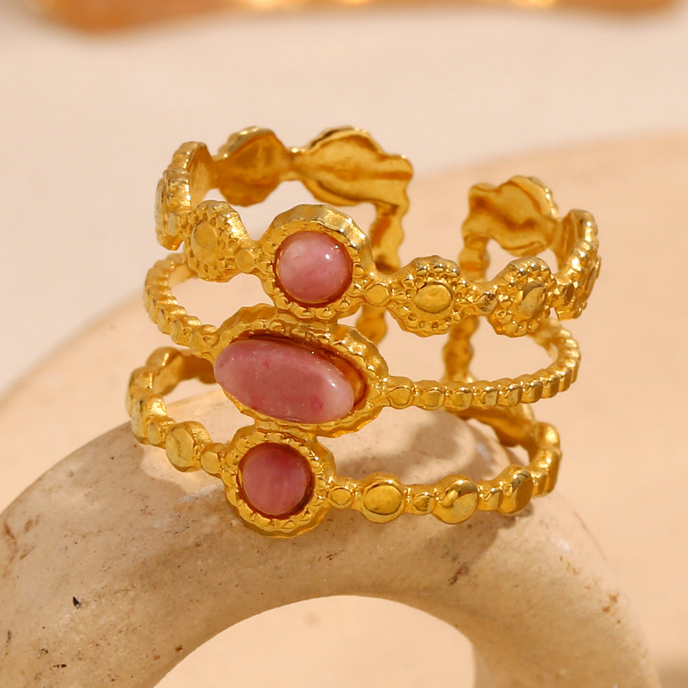 Anello Geometrico Vintage Francese in Acciaio Inossidabile con Placcatura in Oro 18K e Accento di Rubino