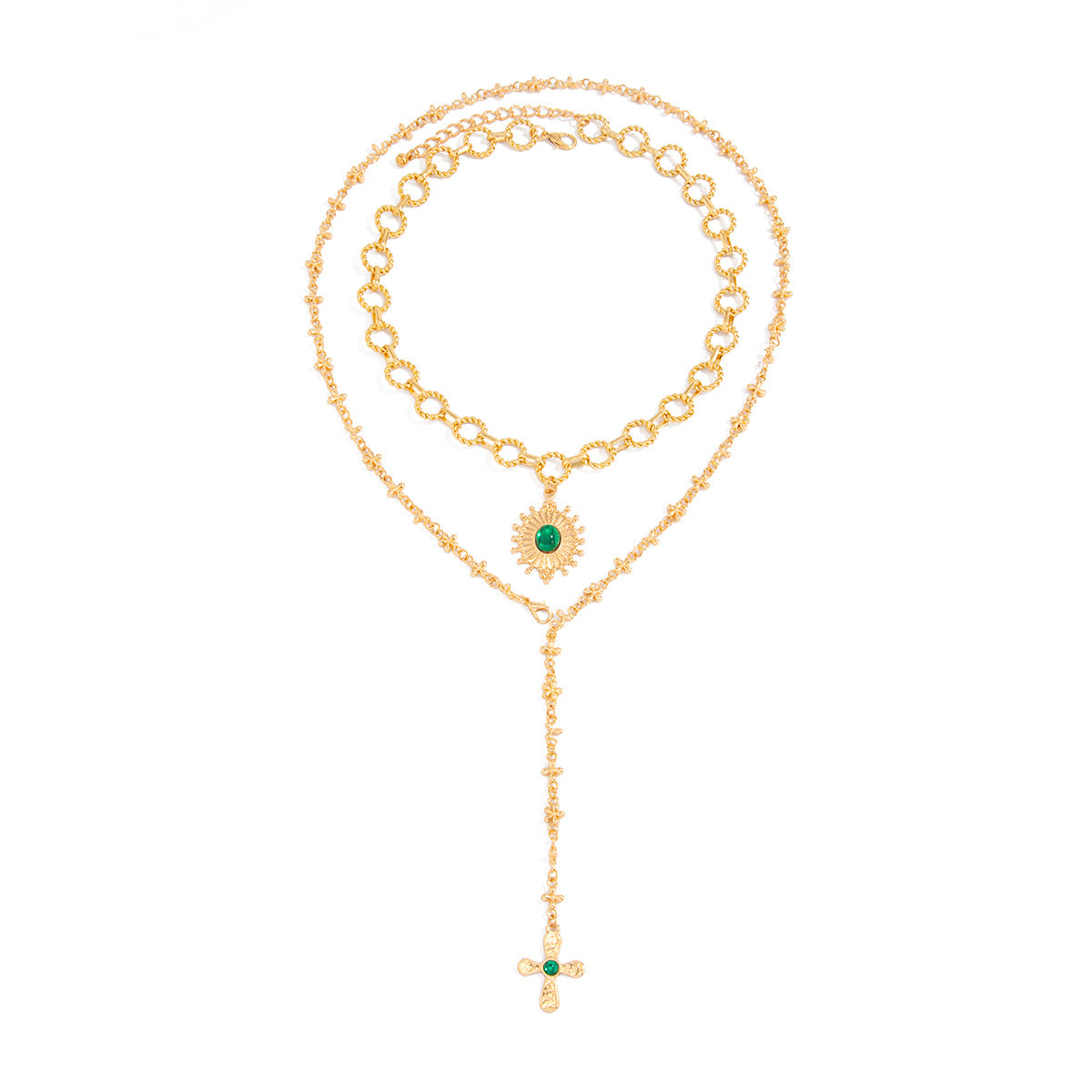 Luxury Plated Alloy Gemstone Geometric Cross Pendant Y-Shape Multi-layer Necklace for Women