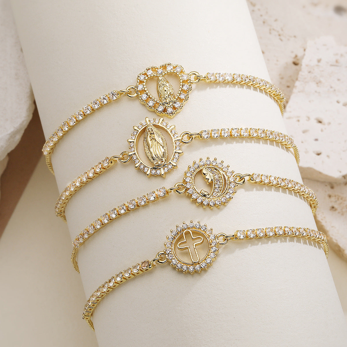 Elegant 18K Gold Plated Brass Geometric Bracelet with Cubic Zirconia Virgin Mary Charm Adjustable Drawstring for Women