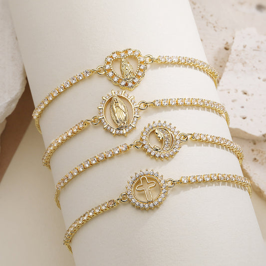 Elegant 18K Gold Plated Brass Geometric Bracelet with Cubic Zirconia Virgin Mary Charm Adjustable Drawstring for Women
