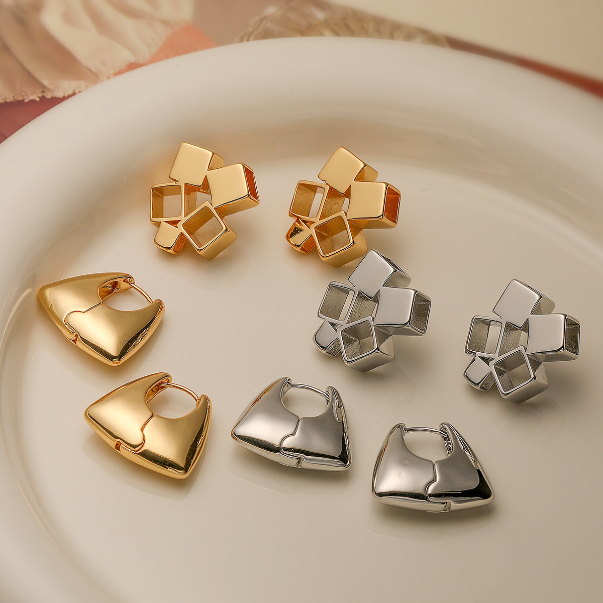 Vintage Geometric Copper Earrings for Women with Gold Plating Unique Irregular Design Fashion Statement Studs