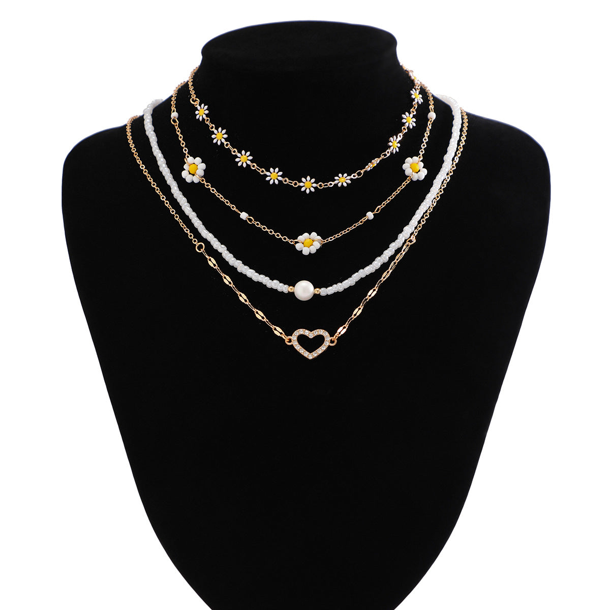 Elegante collana a pendente Daisy da donna con strass a forma di cuore, base in lega, finitura galvanizzata, stile fresco e dolce