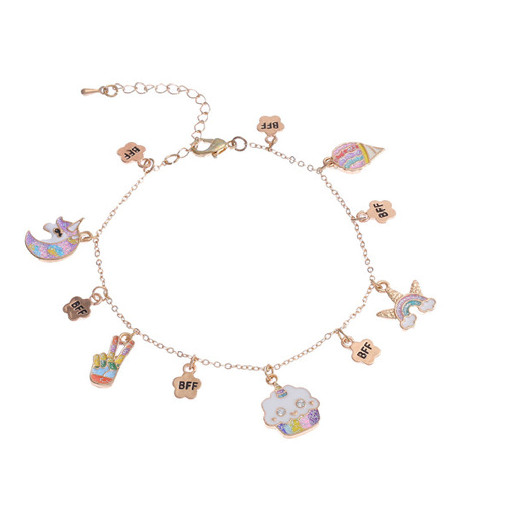 Cartoon Style Cloud Rainbow Unicorn Charm Bracelet for Kids in Alloy with Enamel Finish and Rhinestone Inlay